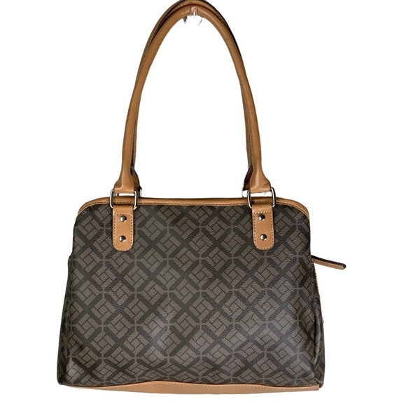 Big Buddha 2 Tone Brown Logo Pattern 3 Large Compartment Top Zip Satchel Handbag - Picture 3 of 16